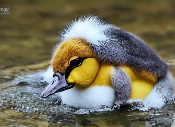 Prompt: real life pokemon psyduck, adorable, wet, ultra realistic, sharp beak, near a river, golden hour, sharp focus