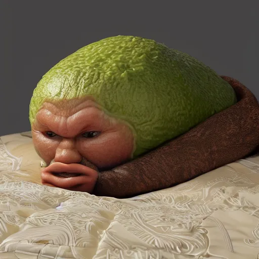 Image similar to chad alpha avocado man going to sleep in a comfy bed intricate detail, finely detailed, small details, extra detail, photorealistic, high resolution, vray, hdr, hyper detailed, insane details, intricate, elite, ornate, elegant, luxury, dramatic lighting, octane render, weta digital, micro details, 3 d sculpture