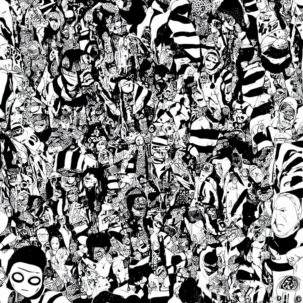 Prompt: faceless human figures, kazuo umezu artwork, jet set radio artwork, stripes, tense, space, cel - shaded art style, burqa, ominous, minimal, cybernetic, cowl, dots, stipples, lines, hashing, thumbprint, dark, eerie, motherboards, crosswalks, guts, folds, tearing
