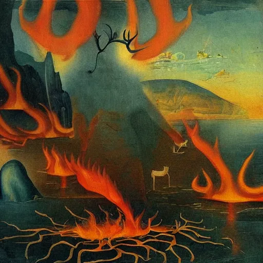 Prompt: bosch painting of a deer god hovering a lake of fire from where people try to escape