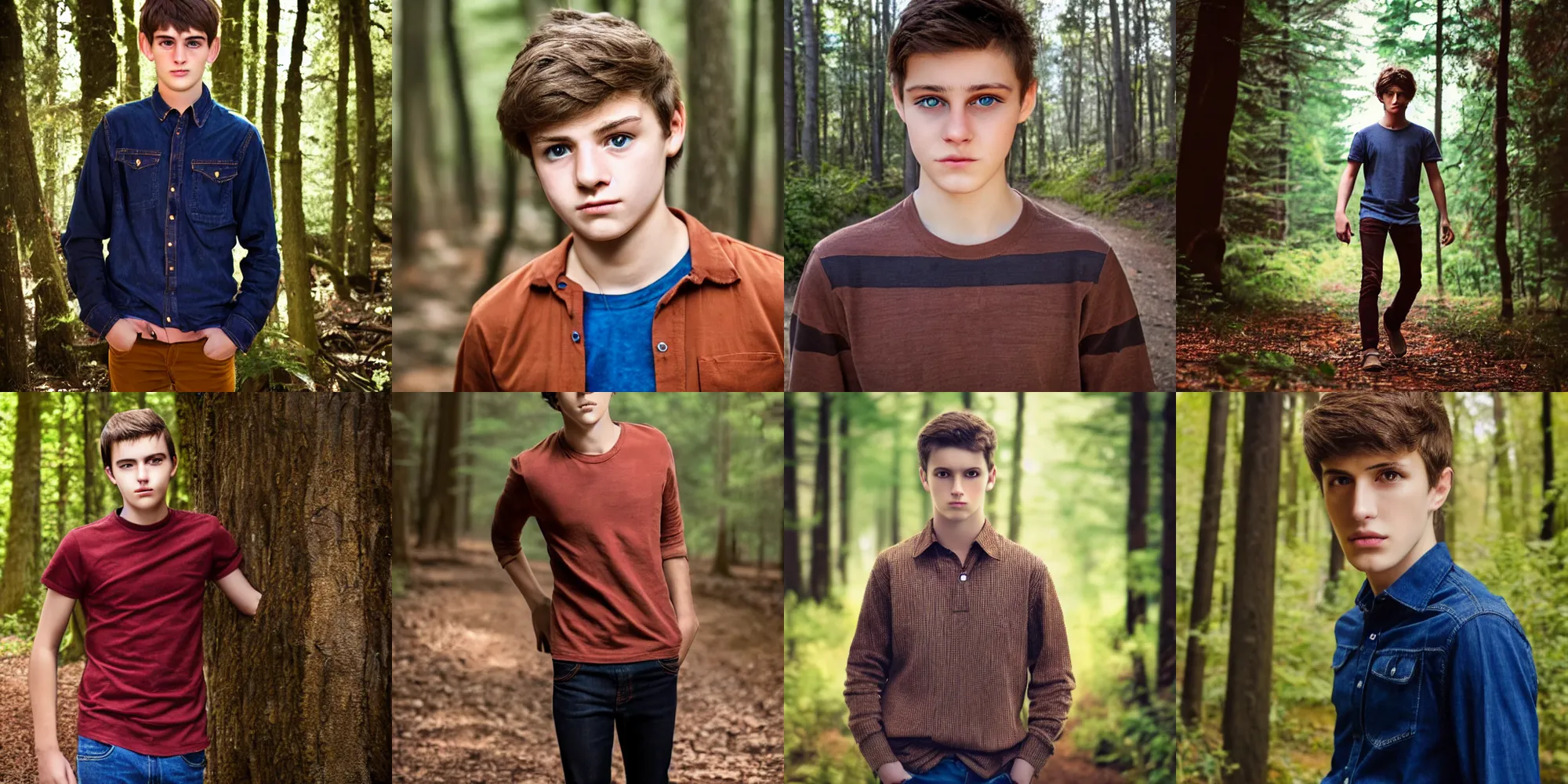 Prompt: dark shaped eyes, detailed face, realistic photo, male teenager, portrait, brown hair, red shirt, blue jeans, walking in forest.