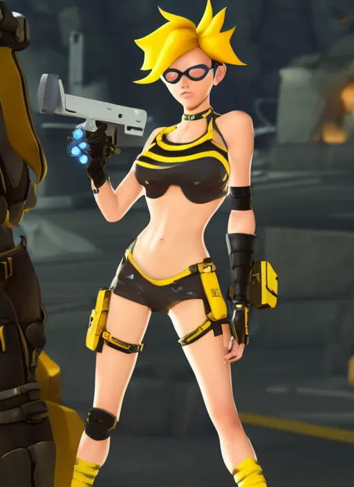 Image similar to tracer game character, in yellow bikini, blonde hair, black eyes, full height