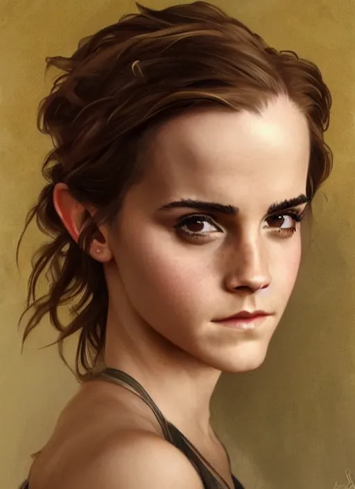 Image similar to emma watson looking into the camera with mischievous grin. beautiful detailed face. by artgerm and greg rutkowski and alphonse mucha