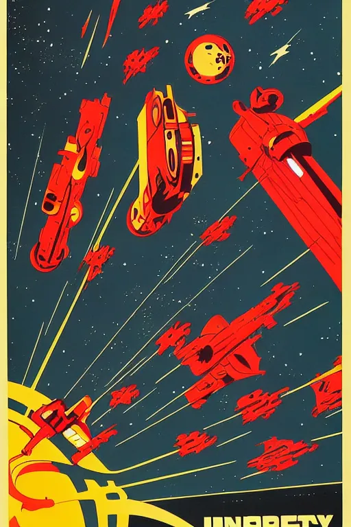 Prompt: poster of intergalactic war, 1 9 5 0 s style, futuristic design, dark, symmetrical, washed out color, centered, art deco, 1 9 5 0's futuristic, glowing highlights, intense