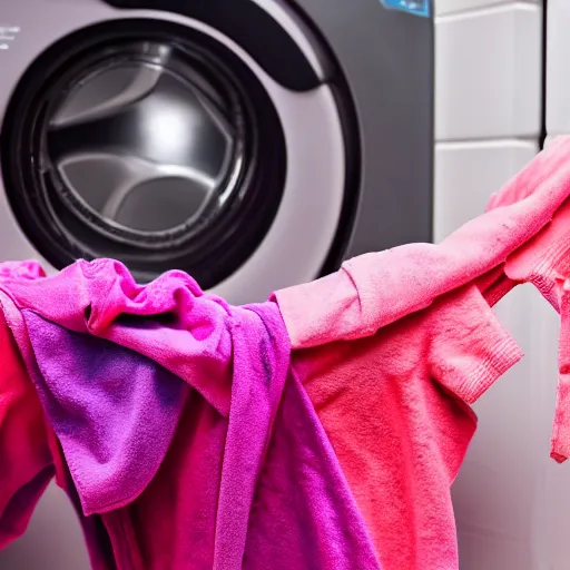 Image similar to photograph of pink clothes being washed in a washing machine. 8k resolution. hyperrealistic.