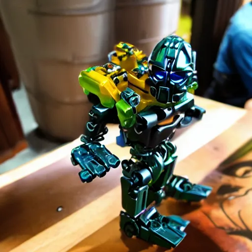 Prompt: bionicle and beer in the hand