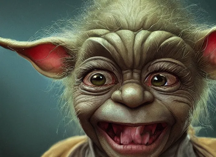 Image similar to a highly detailed portrait of a laughing Yoda on a bad ketamine drug trip, drugs and alcohol littered everywhere, dizzy, trippy, artstation, cgsociety, very detailed, intricate, detailed illustration, by artgerm and greg rutkowski and alphonse mucha, sharp, smooth, masterpiece