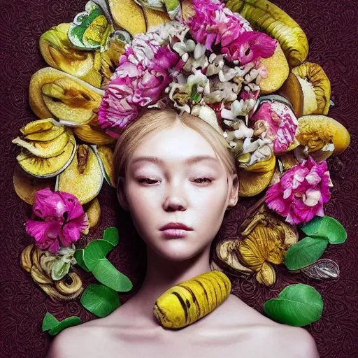 Image similar to the portrait of an absurdly beautiful, graceful, elegant young woman made of bananas and petals looking down, an ultrafine detailed illustration by kim jung gi, irakli nadar, intricate linework, bright colors, octopath traveler, final fantasy, angular, unreal engine 5 highly rendered, global illumination, radiant light, detailed and intricate environment