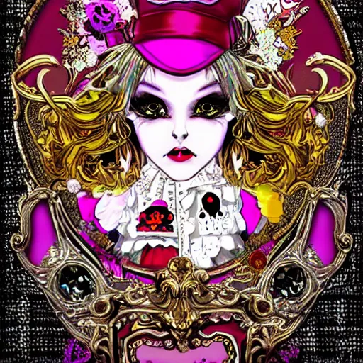 Image similar to baroque bedazzled gothic royalty frames surrounding a pixelsort emo demonic horrorcore Japanese maximalist decora Mad Hatter, sharpened early computer graphics, remastered chromatic aberration