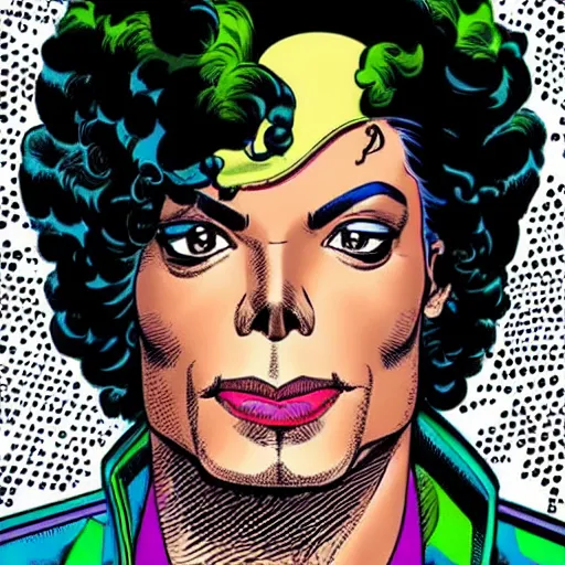 Image similar to dynamic macro head portrait of beautifu michael jackson super hero in white sequined jacket by john romita sr and cory walker and ryan ottley and jack kirby and barry windsor - smith, comic, illustration, photo real