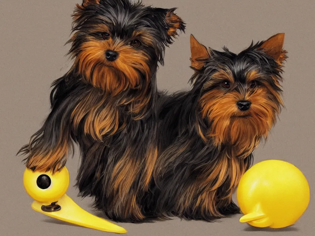 Image similar to portrait of a black and caramel Yorkshire Terrier, playing with a yellow rubber duck, D&D, fantasy, highly detailed, digital painting, artstation, concept art, smooth, sharp focus, illustration, art by artgerm and greg rutkowski and alphonse mucha