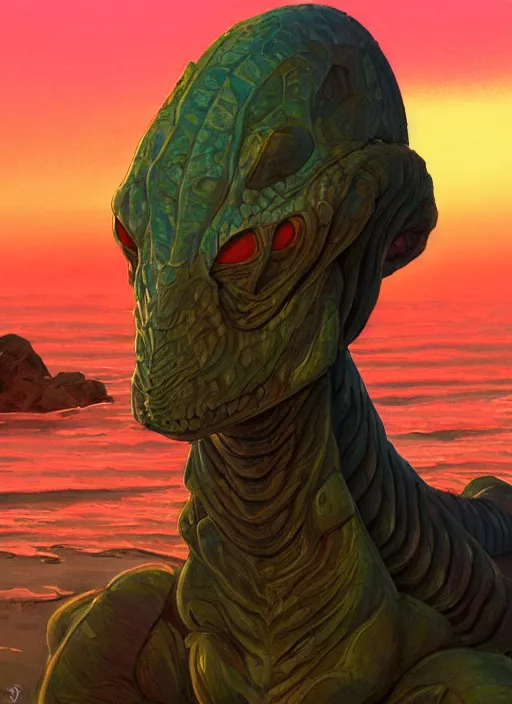 Prompt: semi reallistic gouache gesture painting, by Moebius, online artists, detailed anime 3d render of a reptilian alien on San Francisco Beach, at sunset, portrait, cgsociety, artstation, rococo mechanical, Digital reality, dieselpunk atmosphere, gesture drawn