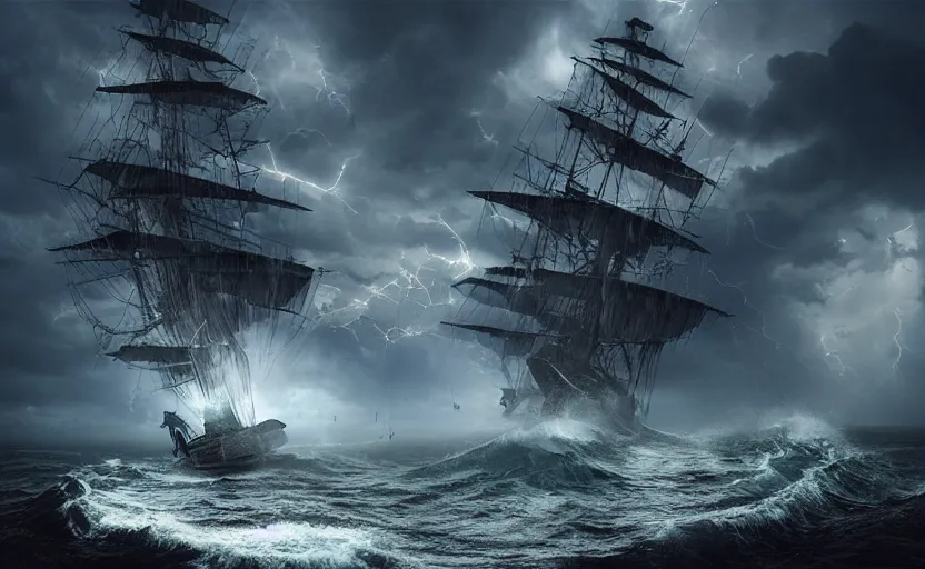 Image similar to “ a pirate ship in a treacherous lightning storm being attacked by a colossal seamonster, by igor morski, by peter morbacher, by robert hubert, rendered in octane, 8 k resolution, photorealistic, realistic shadows, trending on artstation ”