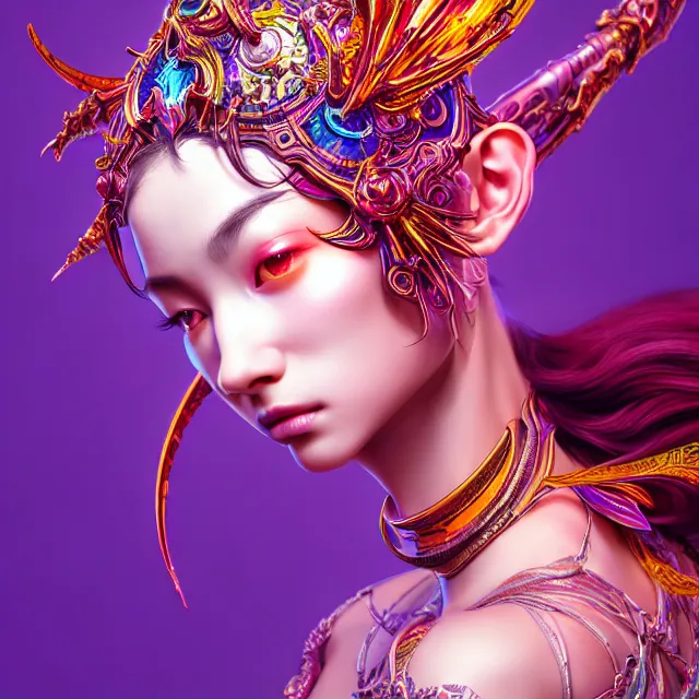 Image similar to studio portrait of colorful female divine mech dancer as absurdly beautiful, elegant, young sensual gravure idol, ultrafine hyperrealistic detailed face illustration by kim jung gi, irakli nadar, intricate linework, sharp focus, bright colors, matte, octopath traveler, final fantasy, unreal engine highly rendered, global illumination, radiant light, intricate environment