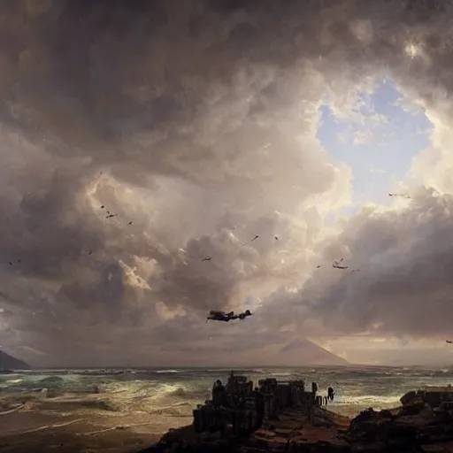 Prompt: Panorama view of ruined pieces from an ancient castle being lifted into the sky by a hurricane, flying island, oil painting, by Greg Rutkowski