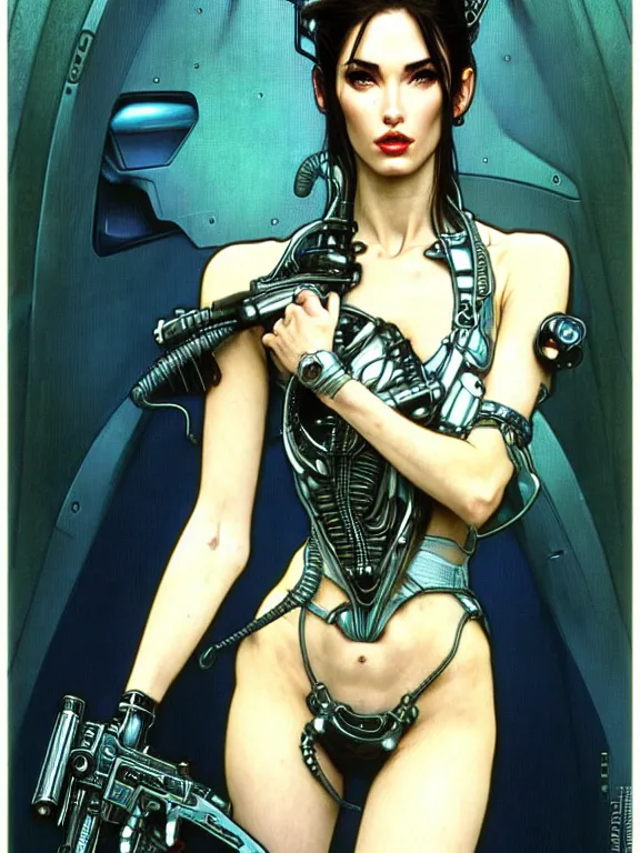 Prompt: realistic detailed face portrait of one sublime sexy heroine with few parts of alien like cyberpunk armor, minimal sleek design armor style, by moebius, alphonse mucha, ayami kojima, amano, greg hildebrandt, and mark brooks, feminine, sexy, female, seductive, art nouveau, cyberpunk, neo - gothic, gothic, character concept design, like megan fox