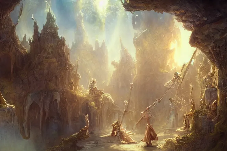 Image similar to the muses. sacred singers they who took up the strings of the deep, and turned the cacophony of an angry world into songs of unity and peace. morning lighting, cinematic fantasy painting, dungeons and dragons, jessica rossier and brian froud