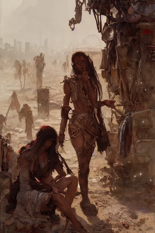 Image similar to a full body portrait of a beautiful post apocalyptic offworld artisans district bedouin blind pulp fiction scarlet wild rogue barbarian leper begging by the roadside, intricate, elegant, highly detailed, digital painting, artstation, concept art, smooth, sharp focus, illustration, art by krenz cushart and artem demura and alphonse mucha