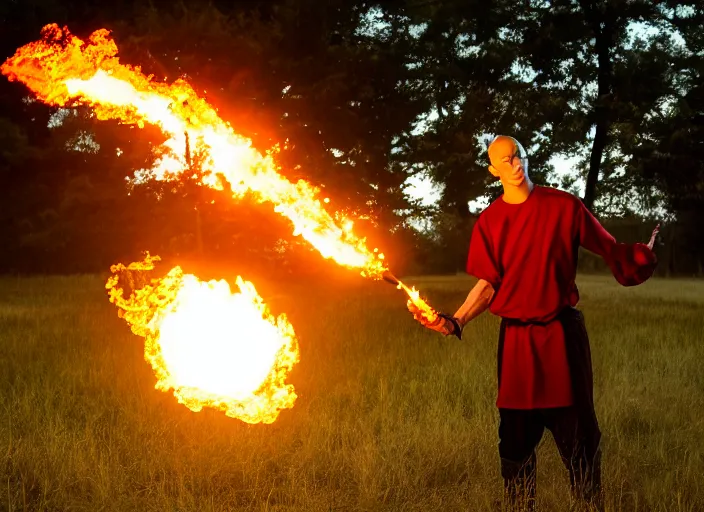 Image similar to squidward practicing firebending in an open field at susnset, 1 2 0 mm, dramatic lighting'