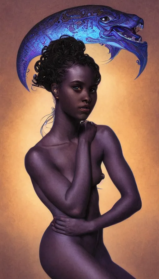 Prompt: Portrait of a beautiful dark skinned mermaid, full body, blue lighting, intricate, elegant, highly detailed, digital painting, artstation, smooth, sharp focus, illustration, art by artgerm and greg rutkowski and alphonse mucha and Wayne Barlowe and william-adolphe bouguereau