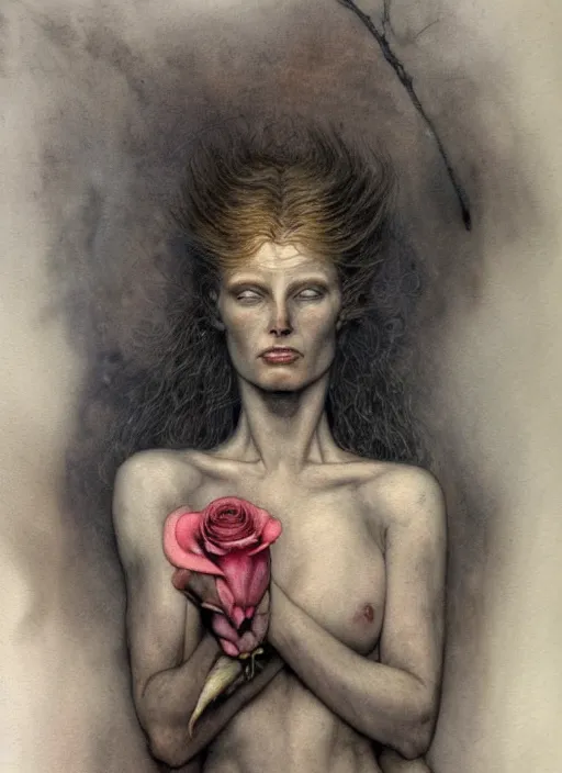 Prompt: hyper realistic watercolor of a single rose, no people, in the style of austin osman spare, wayne barlowe, gustav moreau, goward, bussiere and roberto ferri, santiago caruso, bouguereau, klimt, saturno butto, sorayama and tom bagshaw. occult art