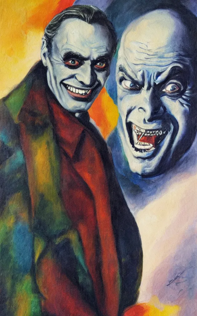 Image similar to portrait of conrad veidt the man who laughs wide grin, award winning oil painting, sharp color palette