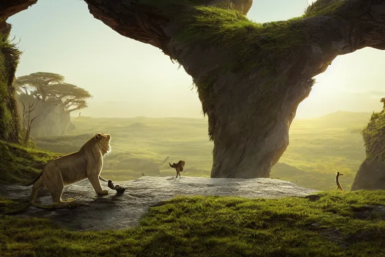 Prompt: tarkovsky scene in the style of the lion king, hyper realistic, ambient lighting, concept art, intricate, hyper detailed, smooth, dynamic volumetric lighting, octane, raytrace, cinematic, high quality, high resolution, 4 k