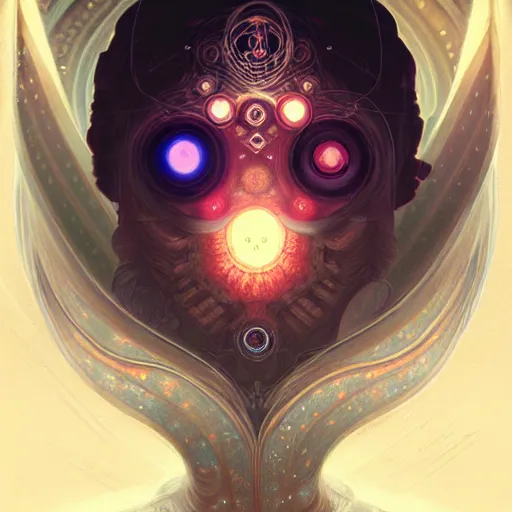 Image similar to Chakra Diagram Face, glowing eyes, cyborg, universe, mushrooms, detailed, intricate, elegant, highly detailed, digital painting, artstation, concept art, smooth, sharp focus, illustration, art by Krenz Cushart and Artem Demura and alphonse mucha