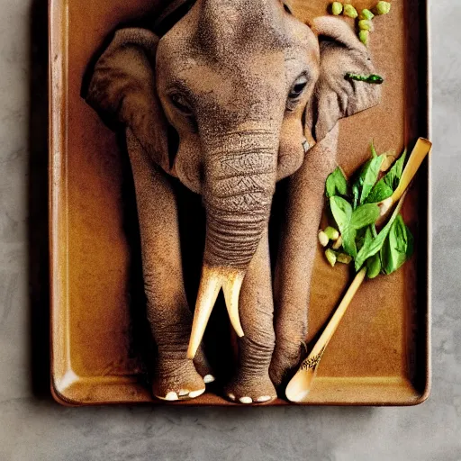 Image similar to a roasted elephant, delicious, cookbook photo, quality presentation