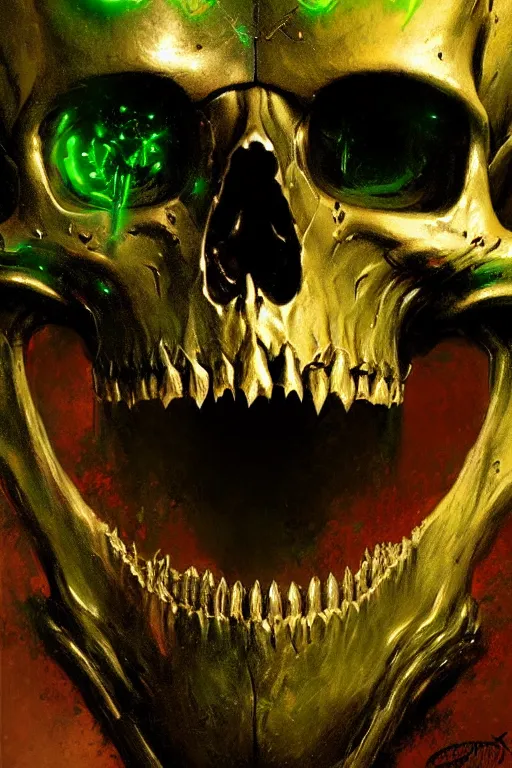 Image similar to extreme close up metal skull with bullets for teeth glowing green portal behind it portrait dnd, painting by gaston bussiere, craig mullins, greg rutkowski, yoji shinkawa