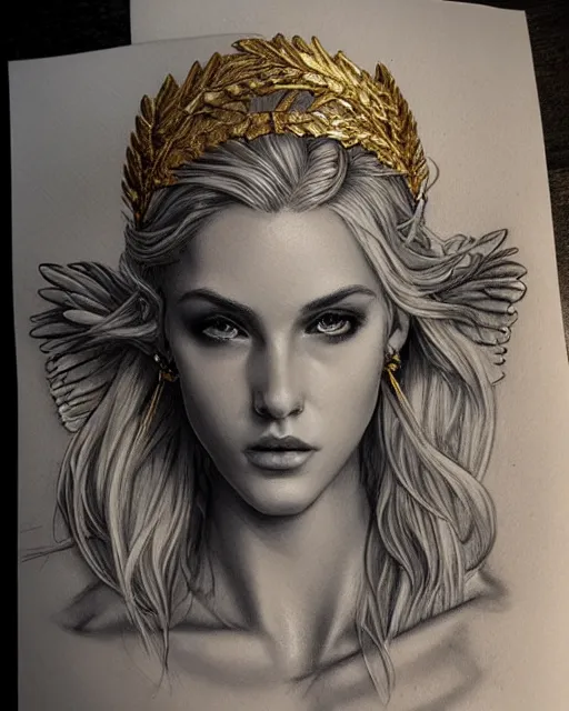 Image similar to tattoo sketch of blonde super model aphrodite greek goddess wearing a gold laurel wreath and triangle earrings, beautiful piercing gaze with sharp pupils, in the style of greg rutkowski, fantasy, amazing detail, epic, elegant, smooth, sharp focus, front view