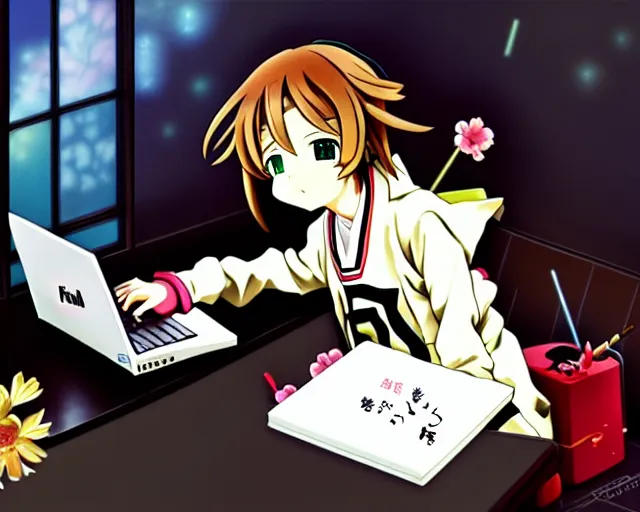 Prompt: chihiro! fujisaki, thinkpad!, coding time, room is rich, baroque!!!, anime style