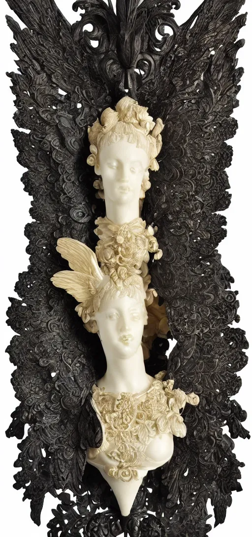 Image similar to carved black marble mechanical bust wearing hard surface armour, subtle gold accents, frontal view, ivory rococo, wings lace wear, hyper detailed, insane details, intricate