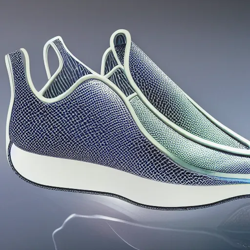 Prompt: product photography extremely detailed futuristic sports sneakers with a detailed foam sole, with holographic elements, 3 d model, hyperrealism, balenciaga style ultra rendered extreme realism and detail, 8 k, f / 2. 2, canon 8 5 mm, photorealistic, sharp focus,