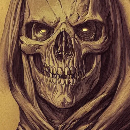 Prompt: portrait of Skeletor, highly detailed, cinematic lighting, by Robert Eggers