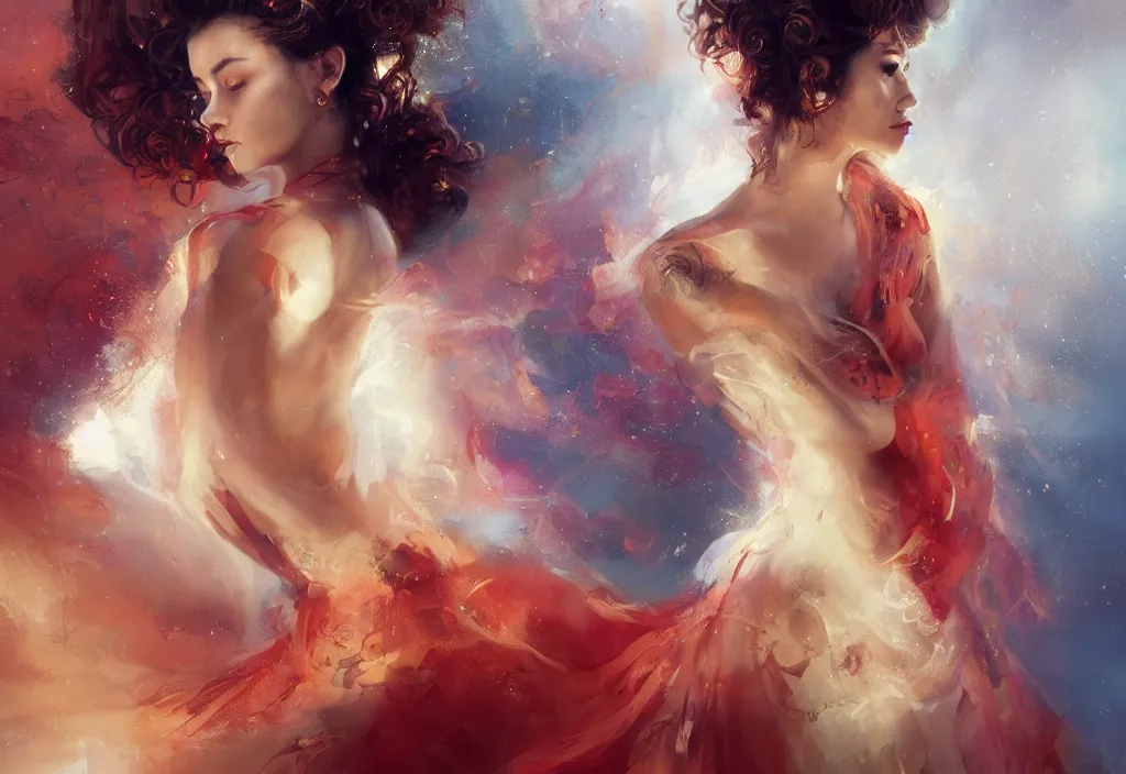 Image similar to full body portrait of a duo of 1 9 years old girl figures, curly messy high bun hairstyle, oriental tattoos, jewelry, subject wearing a high fashion gown, flowing, beautiful, dramatic, cinematic lighting, orange, taupe, fire red, few vivid turquoise highlights, by ross tran and jeremy mann, artstation, pixiv, oil on canvas