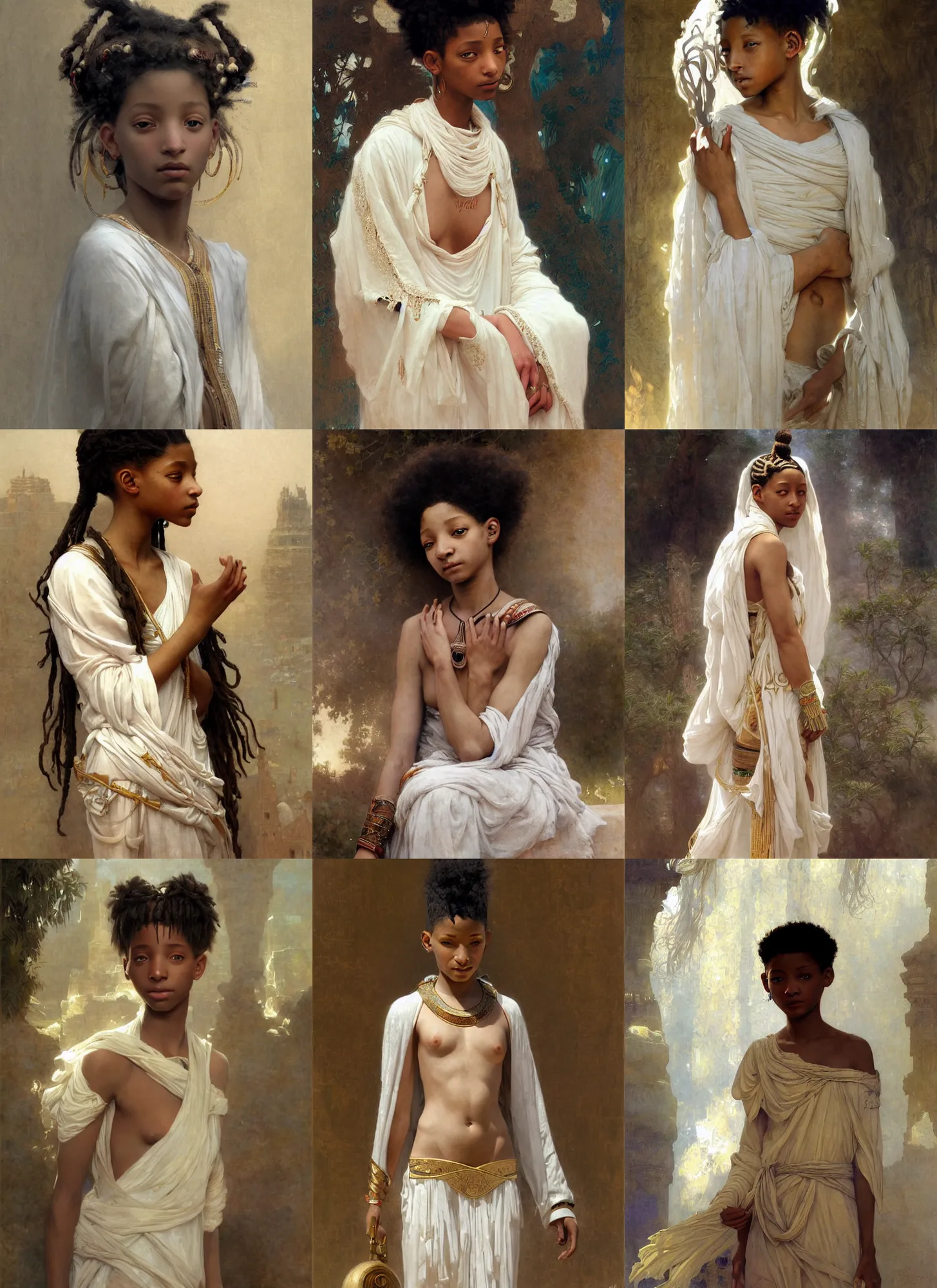 Prompt: willow smith young, ancient egyptian girl, white nemes, intricate, highly detailed, artstation, digital illustration, orientalism, bouguereau, mucha, ruan jia