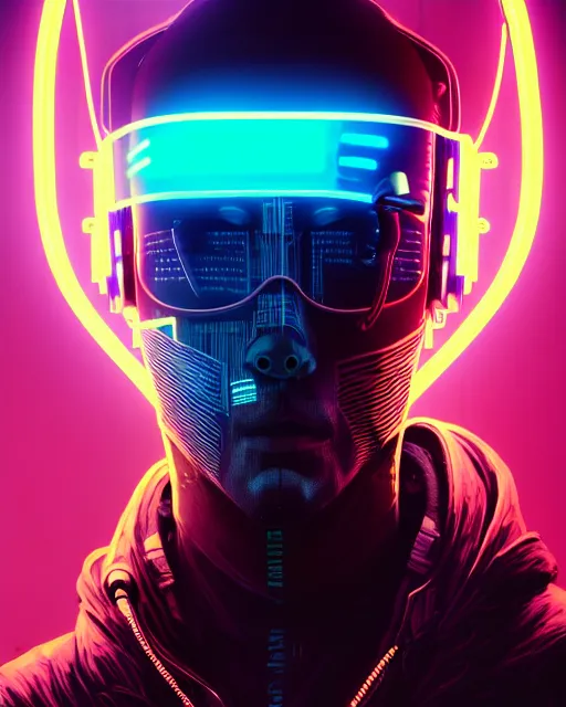 Image similar to cyberpunk synth, hyper - realistic portrait of a man in a hoodie with detailed neon mask, cyberpunk, intricate, lifelike, by atey ghailan, by greg rutkowski, by greg tocchini, by james gilleard, by joe fenton, by kaethe butcher, dynamic lighting, gradient light blue, brown, cinematic lighting color scheme, sharp focus, grunge aesthetic