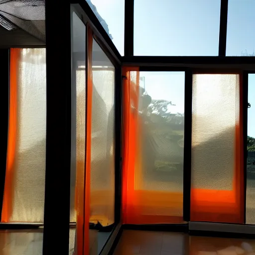 Prompt: wide angle photo inside a house made of sheer fabric. Translucent deep orange mesh fabric hangs over glass walls. The wind is blowing. The space glows with natural light. Bright morning light.