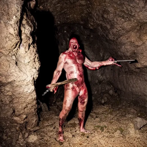 Image similar to big butcher man posing scarily, scary angry pose, fresh kill, bloody, cleaver, earie setting, in a dark cave, horror, hyperdetailed