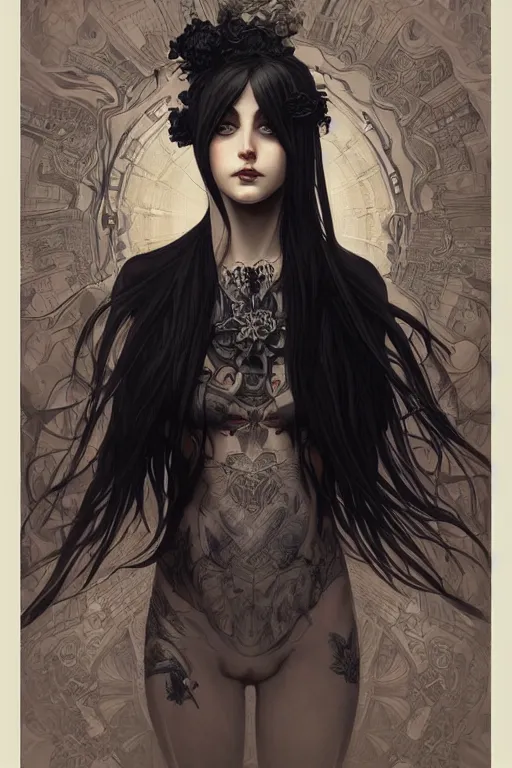 Image similar to goth girl with tattoos, symmetric, elegant, highly detailed, digital painting, artstation, concept art, smooth, sharp focus, illustration, art by artgerm and greg rutkowski and alphonse mucha and william-adolphe bouguereau