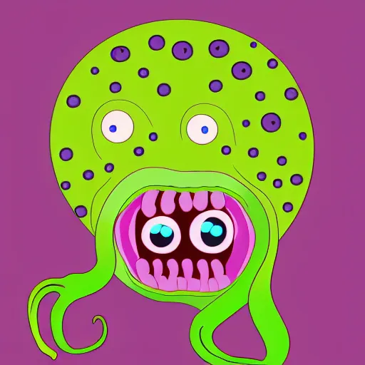 Prompt: detailed coloured vector art portrait of ugly monster child with horrific facial features tentacle eyes, hairy mouth and fish like skin and head lumps and infestation