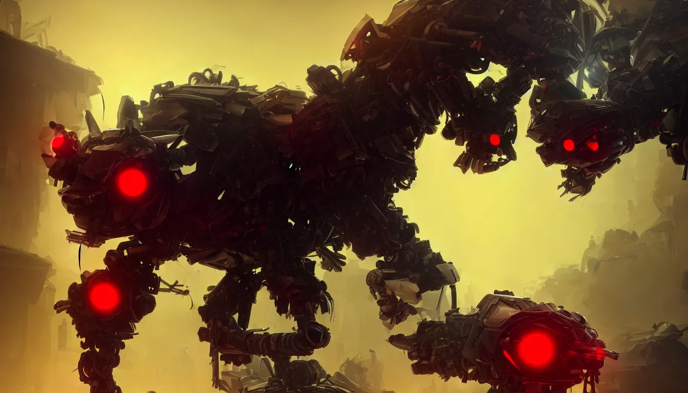 Image similar to ai limbo, gigantic robotic cat with red eyes walks in a trash heap in yellow mist, digital art, trending on artstation, 8k, highly detailed,