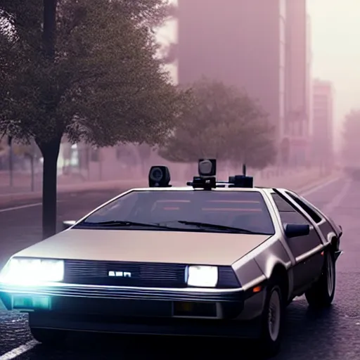 Image similar to hyperdetailed, photorealistic photograph of a dmc 1 2 delorean driving in the streets, rain, night, dense fog, hd, unreal engine 5