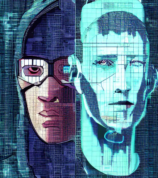 Image similar to a cyberpunk man with multiple digital patchwork faces, techwear, Industrial Scifi, detailed illustration, character portrait, by Martin Grip and Moebius