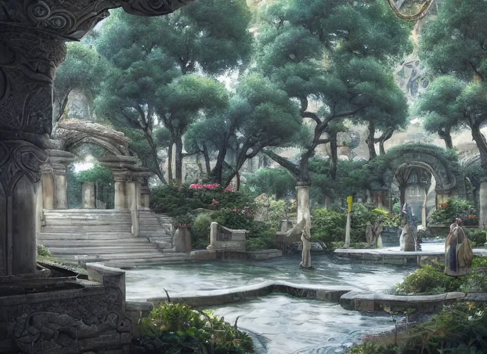 Image similar to A wide open courtyard in a beautiful elven city made of ivory, anime, lush trees, fountain, at Pamukkale, thermal waters flowing down white travertine terraces, intricate, elegant, luxurious, digital painting, concept art, smooth, sharp focus, from Star Trek 2021, illustration, by WLOP and Ruan Jia and Mandy Jurgens and William-Adolphe Bouguereau, Artgerm