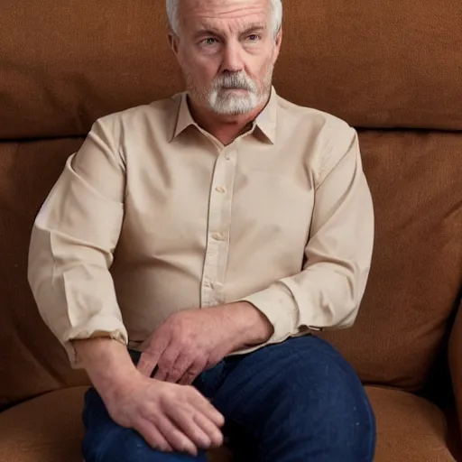 Image similar to full body photo of steve, mature male, mysterious face. he is sitting gracefully on a sofa, elegant slim beige shirt, tight shirt, big, firm, soft, bouncy belly