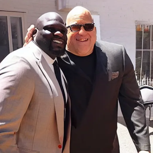 Image similar to A 5'5 Shaquille O'Neil next to a 7'2 Danny DeVito