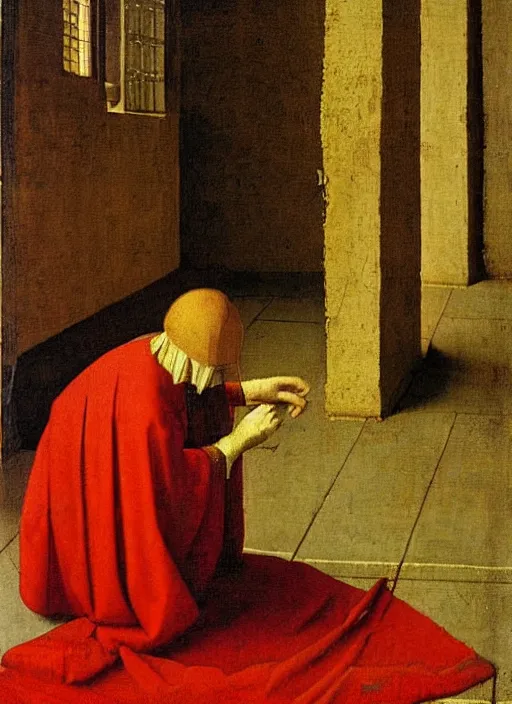 Image similar to red cloth on the floor, medieval painting by jan van eyck, johannes vermeer, florence