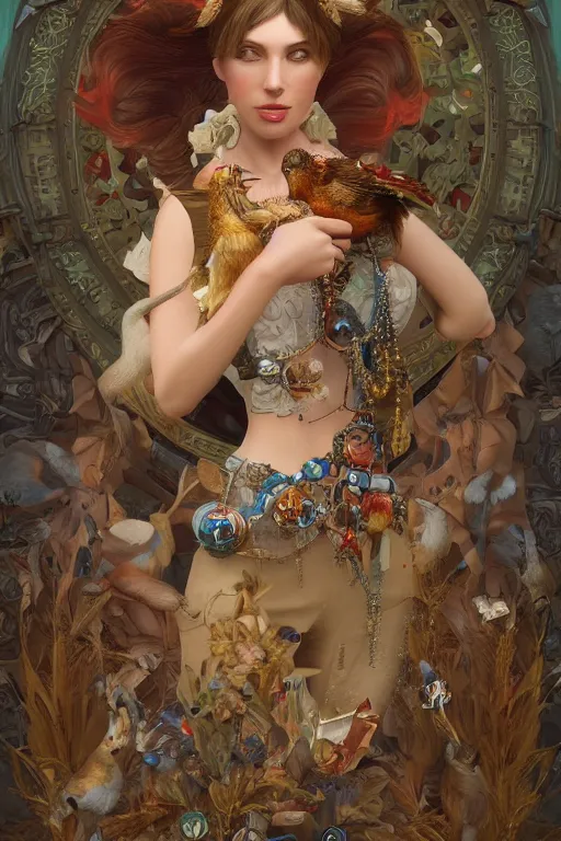 Image similar to zoom in 3 d render of english princess holding birds, ornaments, mechanical parts, mucha vibe, dieselpunk, solarpunk, artstation, andrei riabovitchev